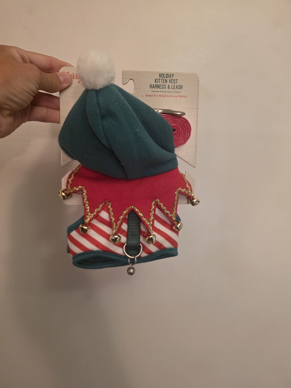 Holiday Kitten Harness & Leash Set - Teal, Red, White